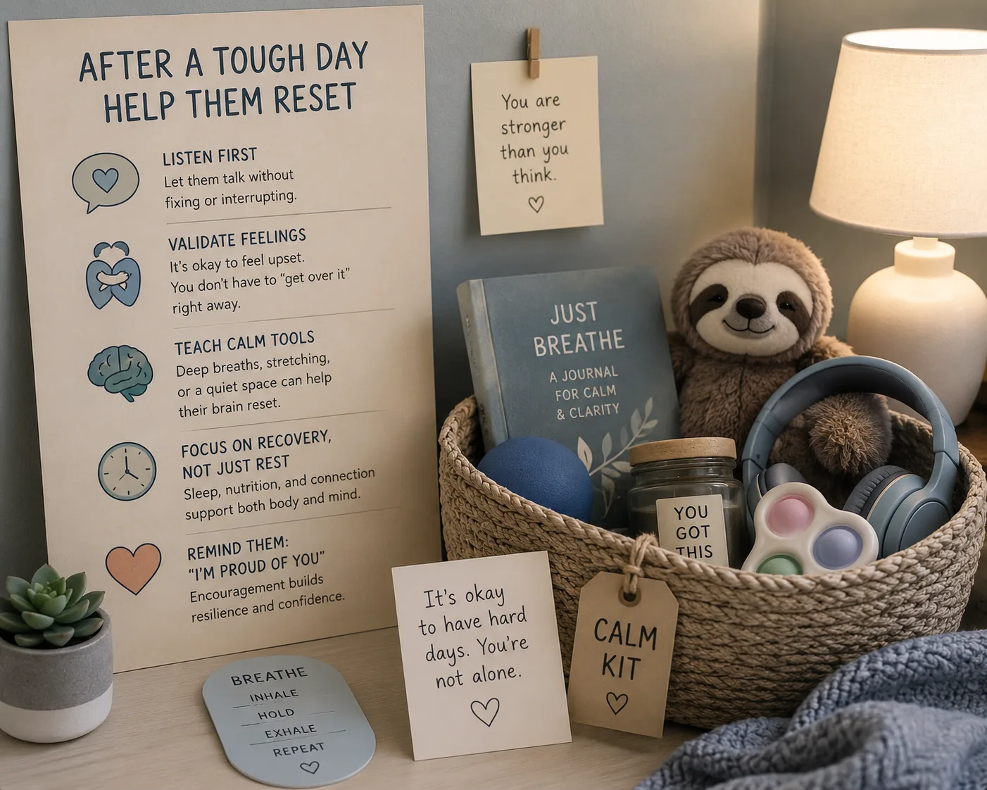 A juice box, a small stuffed animal, and a child's batting helmet on a kitchen counter, the after-game reset kit.