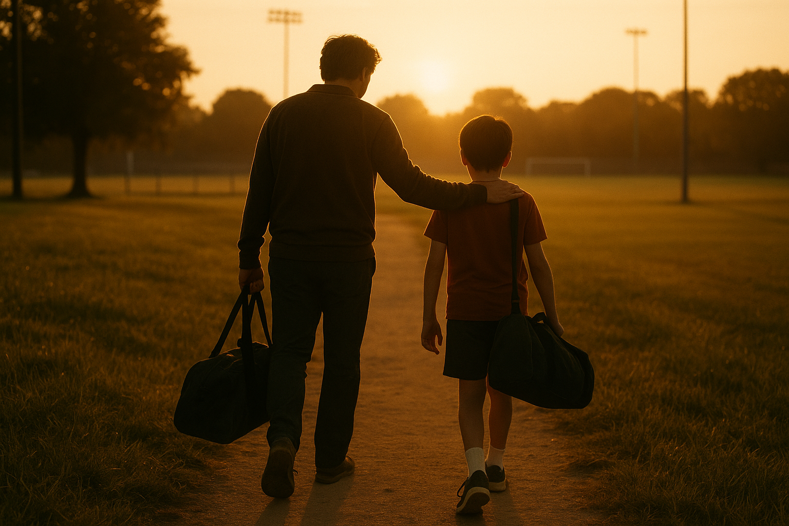 A parent and child walking together toward a sports field at golden hour, carrying gear, long shadows behind them.