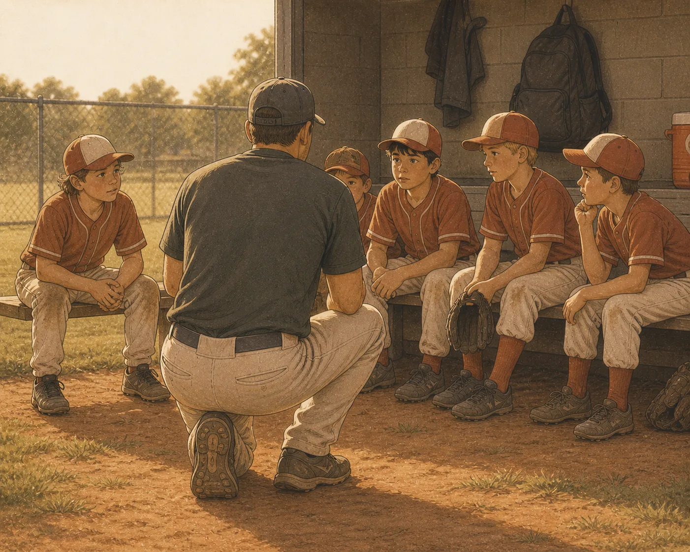 Coach's back, viewed from behind, kneeling in front of baseball dugout talking to small group of players. One child faintly familiar, the coach's own kid.