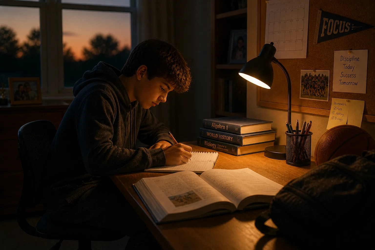 A kid's bedroom at night. Cleats, glove, and folded jersey laid out on a chair. Soft lamp light and muted rose tones, parent silhouette in doorway.