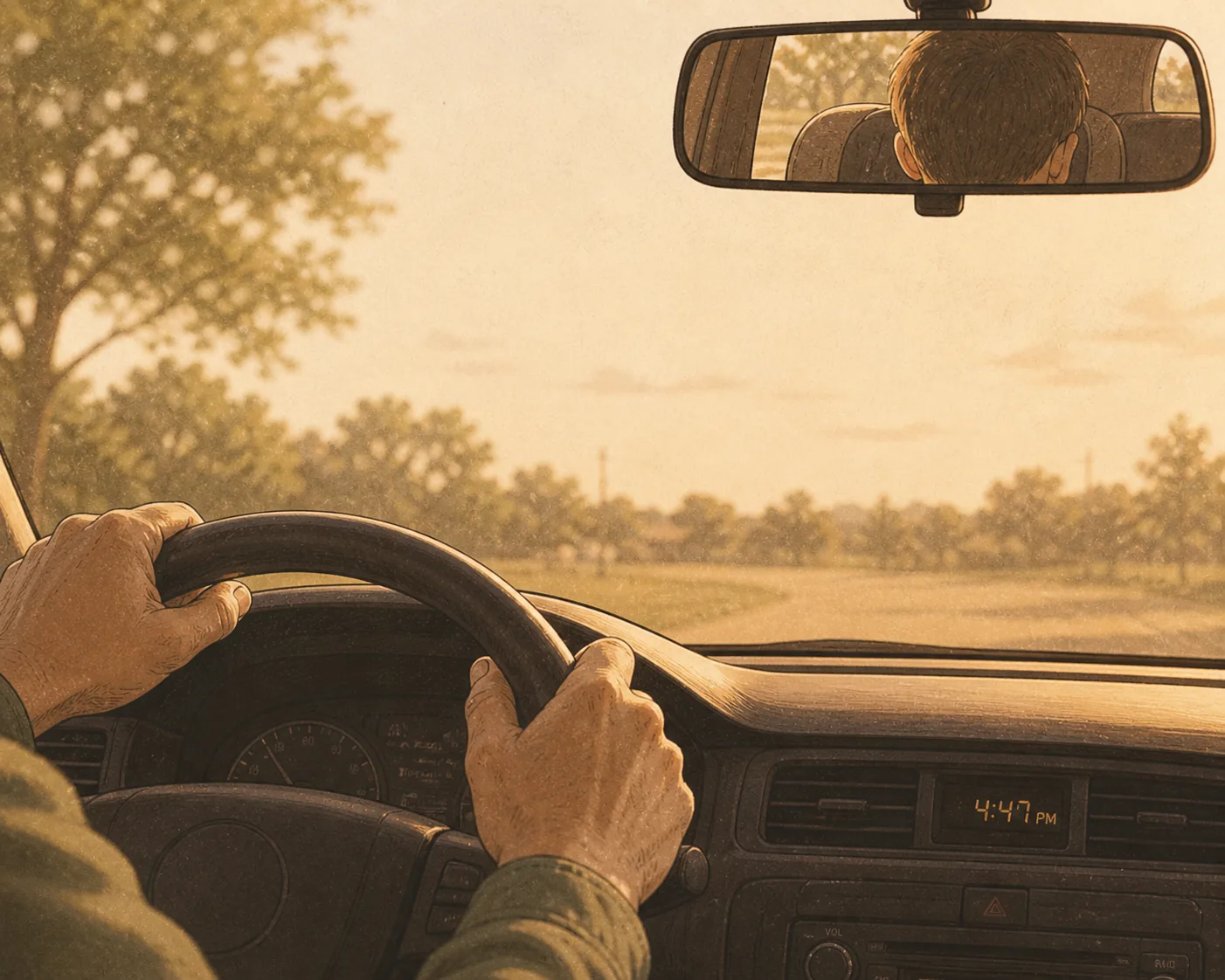 Close-up of parent's hands on steering wheel, looking through windshield with child's head visible in rearview mirror. Dashboard clock reads 4:47 PM, late-afternoon honey light.